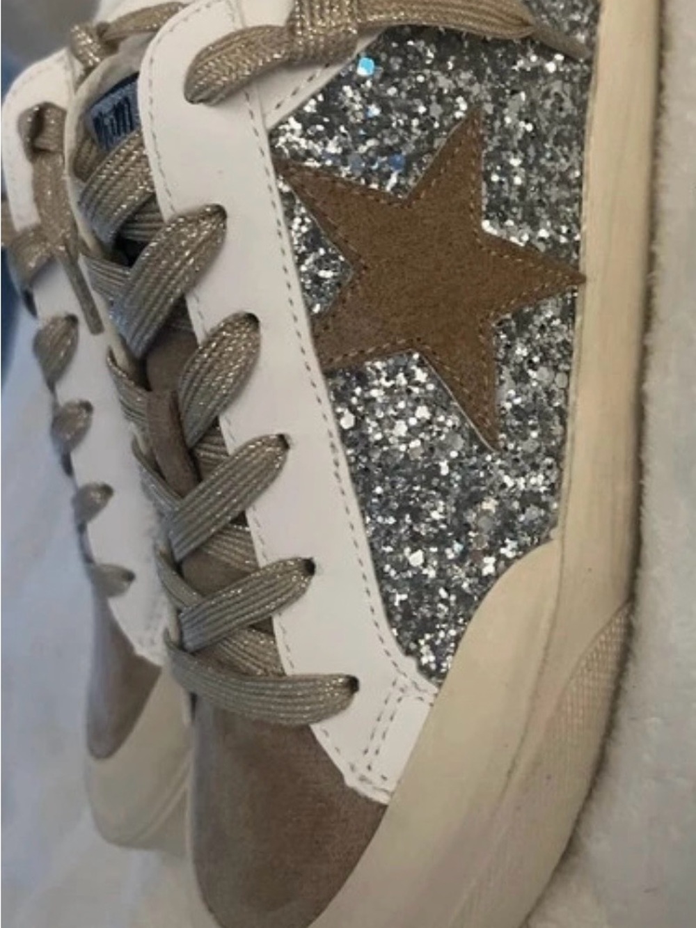 Women’s Silver Glitter Star Sneakers with Taupe Accents